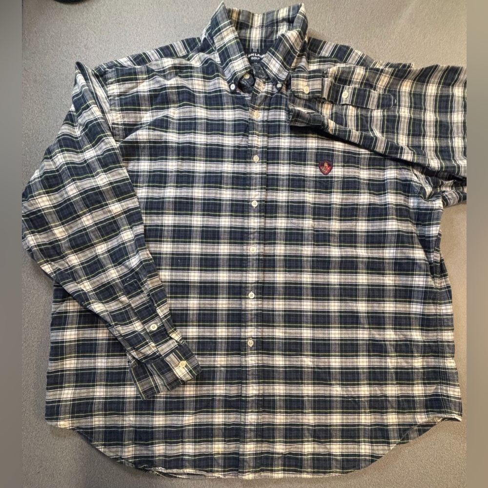 Ralph Lauren Shirt Mens XXL
Blue Button Down Oxford Golf
Tartan Plaid Crest